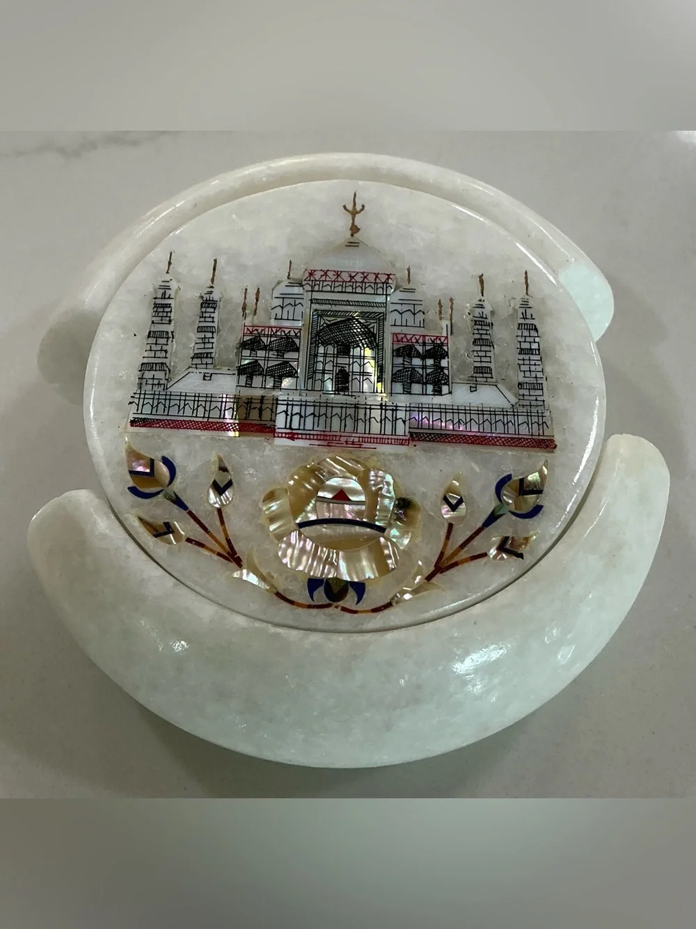 Set 6 Round Marble Tea Coaster Set Taj Mahal Art Gift-able Coaster for Eid 4.5”